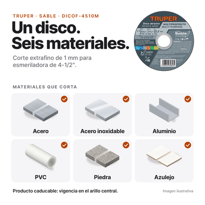 Materiales que corta el disco Truper DICOF-4510M: acero, acero inoxidable, aluminio, PVC, piedra y azulejo