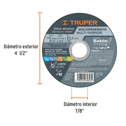 Medidas del disco Truper DICOF-4510M: diámetro exterior de 4-1/2 pulgadas y diámetro interior de 7/8 de pulgada