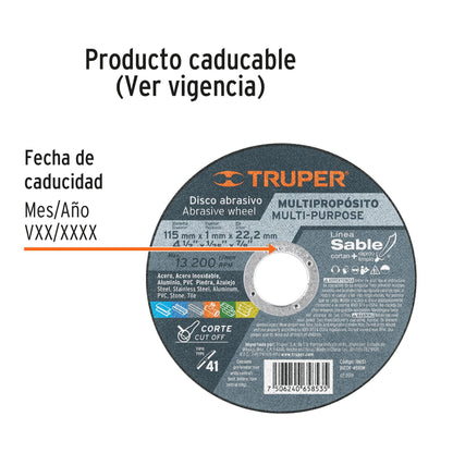 Fecha de caducidad del disco Truper DICOF-4510M: la vigencia, mes y año, viene en el arillo central