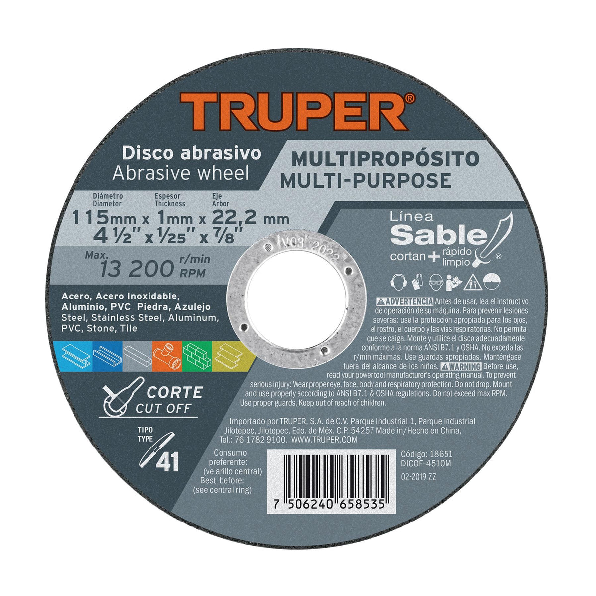 Disco abrasivo de corte multimaterial Truper DICOF-4510M de 4-1/2 pulgadas y 1 mm, línea Sable