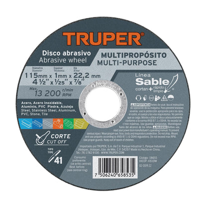 Disco abrasivo de corte multimaterial Truper DICOF-4510M de 4-1/2 pulgadas y 1 mm, línea Sable