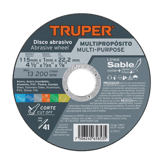 Disco abrasivo de corte multimaterial Truper DICOF-4510M de 4-1/2 pulgadas y 1 mm, línea Sable