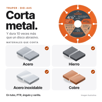 Materiales que corta el disco de diamante Truper DID-445: acero, hierro, acero inoxidable y cobre