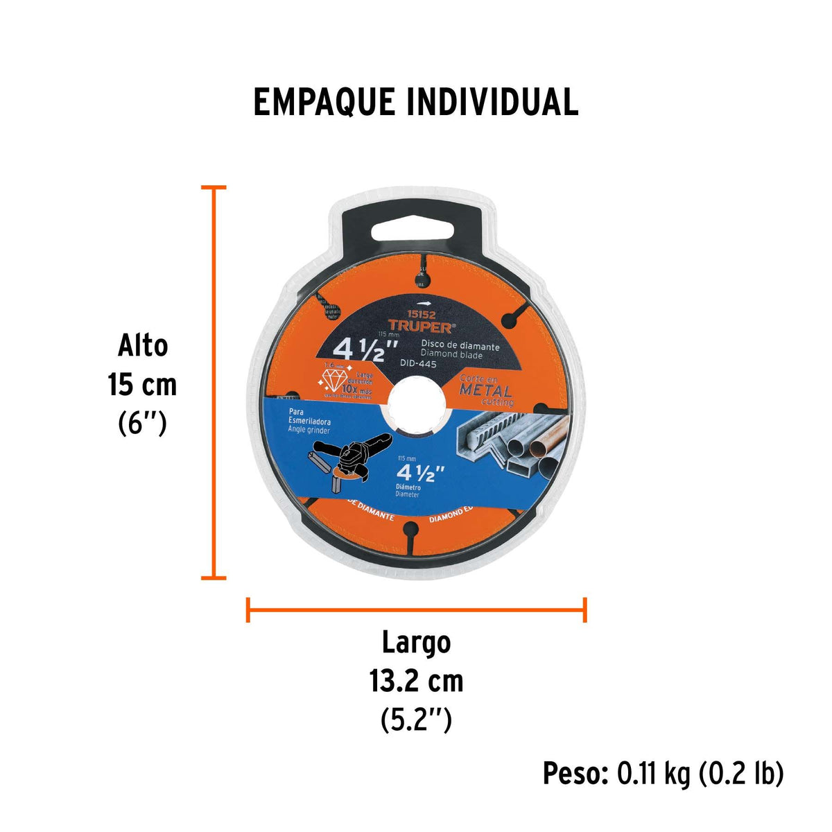Empaque individual del disco Truper DID-445: 15 cm de alto, 13.2 cm de largo y 0.11 kg