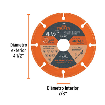 Medidas del disco Truper DID-445: diámetro exterior de 4-1/2 pulgadas y diámetro interior de 7/8 de pulgada