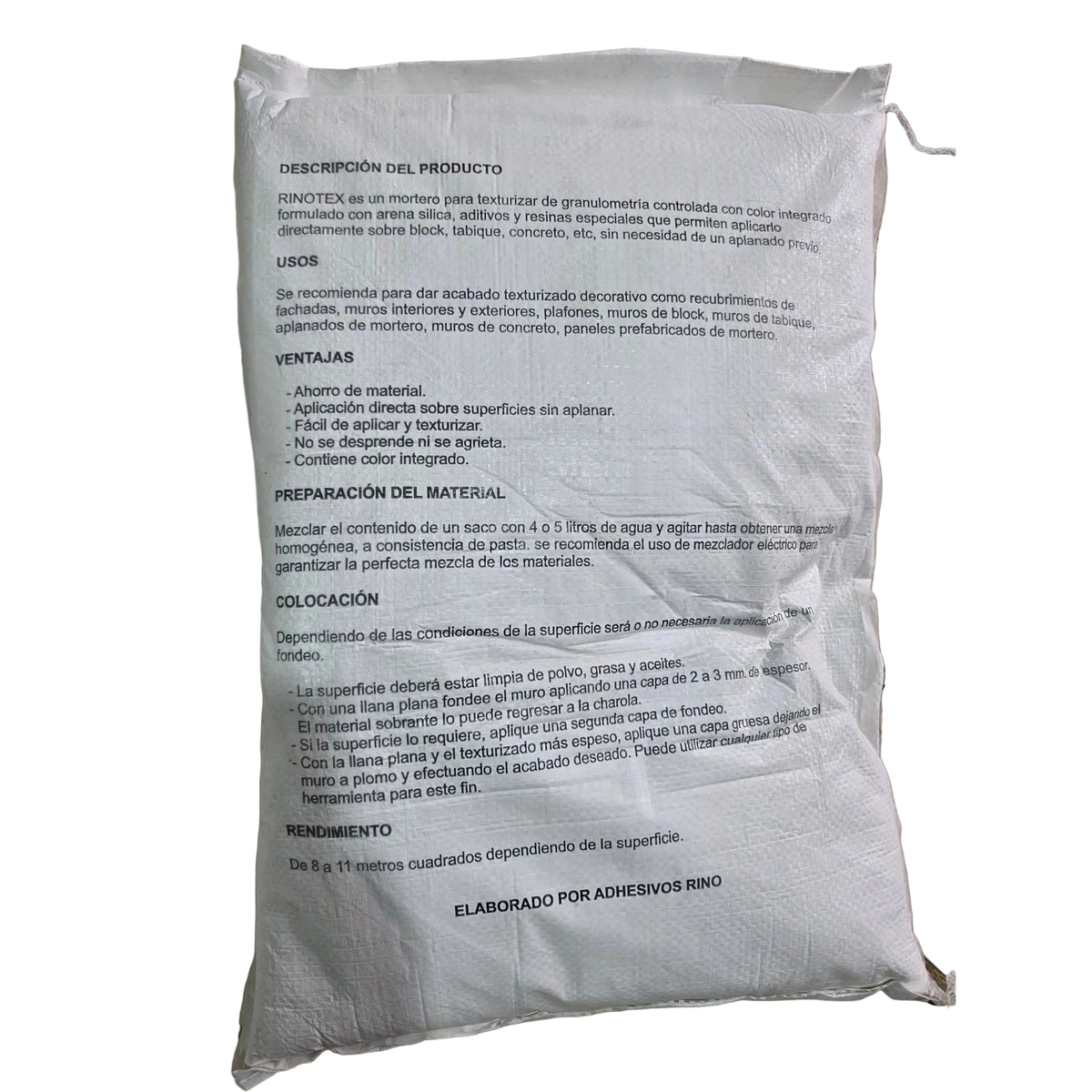 Reverso del saco de Estuco Rinotex de 20 kg con descripción, usos, ventajas, preparación y colocación