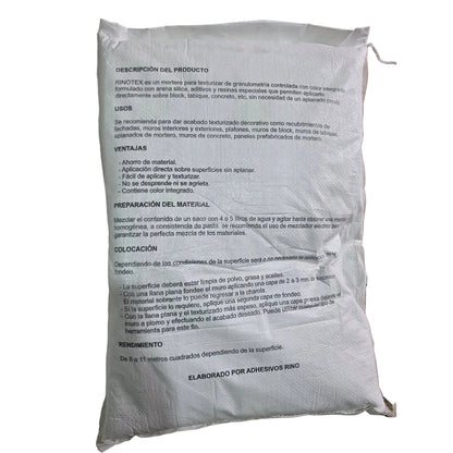 Reverso del saco de Estuco Rinotex de 20 kg con descripción, usos, ventajas, preparación y colocación
