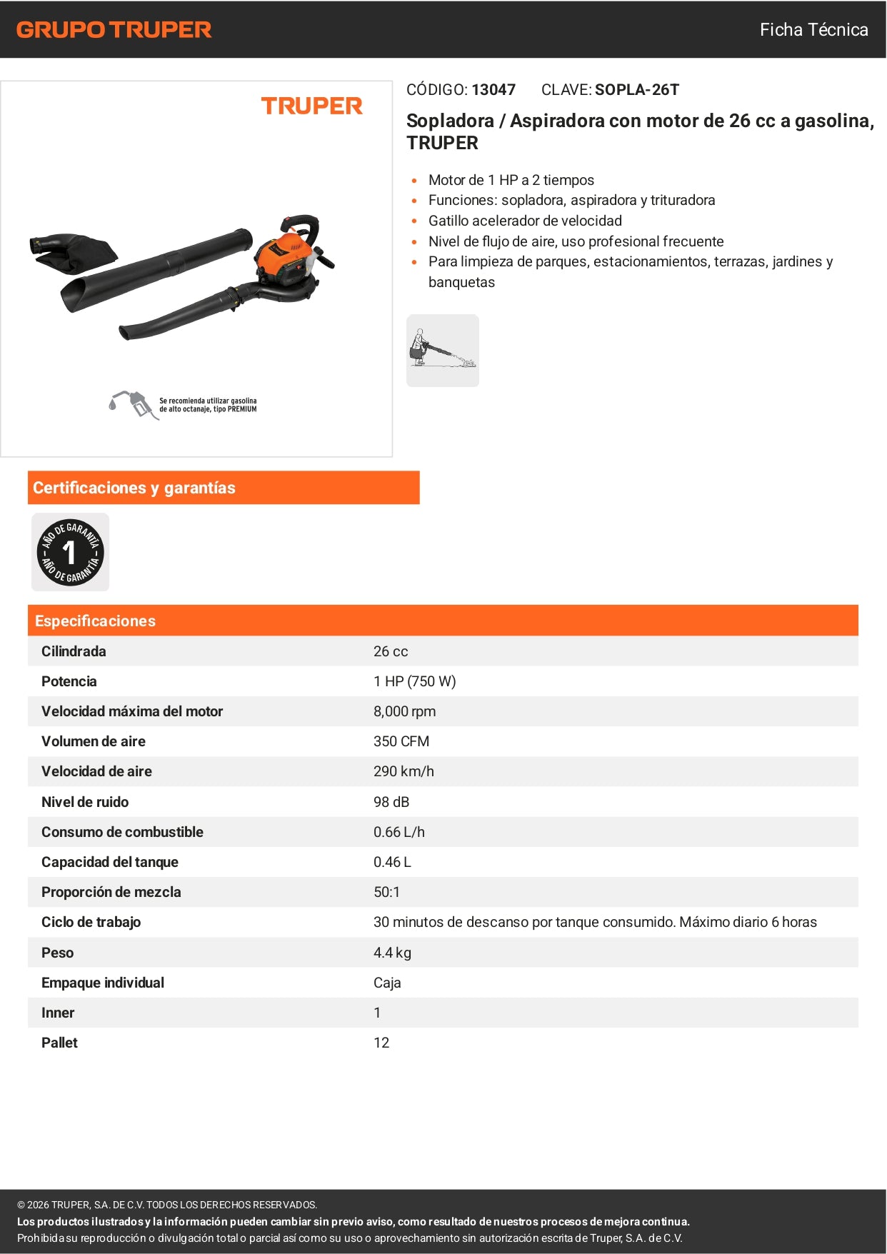 Sopladora aspiradora TRUPER 26 cc a gasolina, sin restricción de cable. Motor de alto torque para jardín, obra y limpieza exterior.