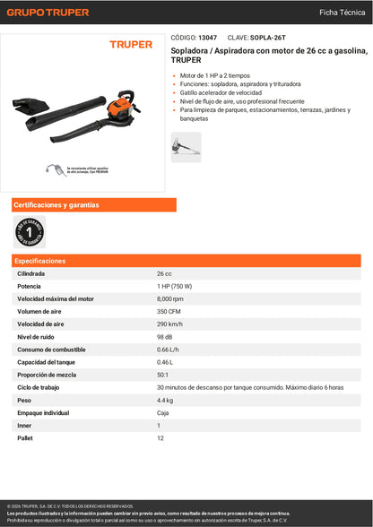 Sopladora aspiradora TRUPER 26 cc a gasolina, sin restricción de cable. Motor de alto torque para jardín, obra y limpieza exterior.