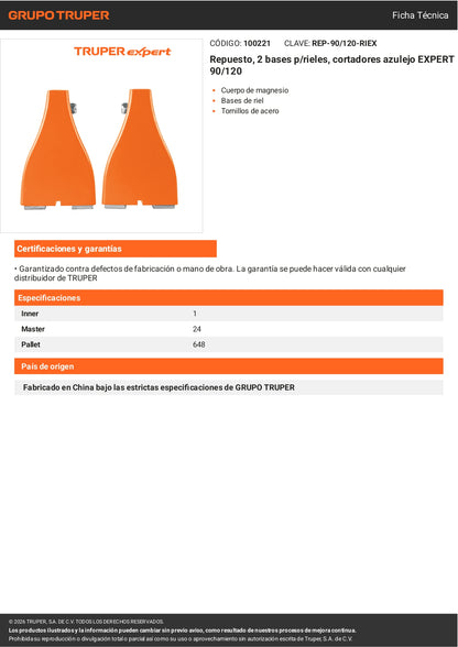 Kit 2 Bases Repuesto para Rieles Cortador Azulejo EXPERT 90/120 TRUPER