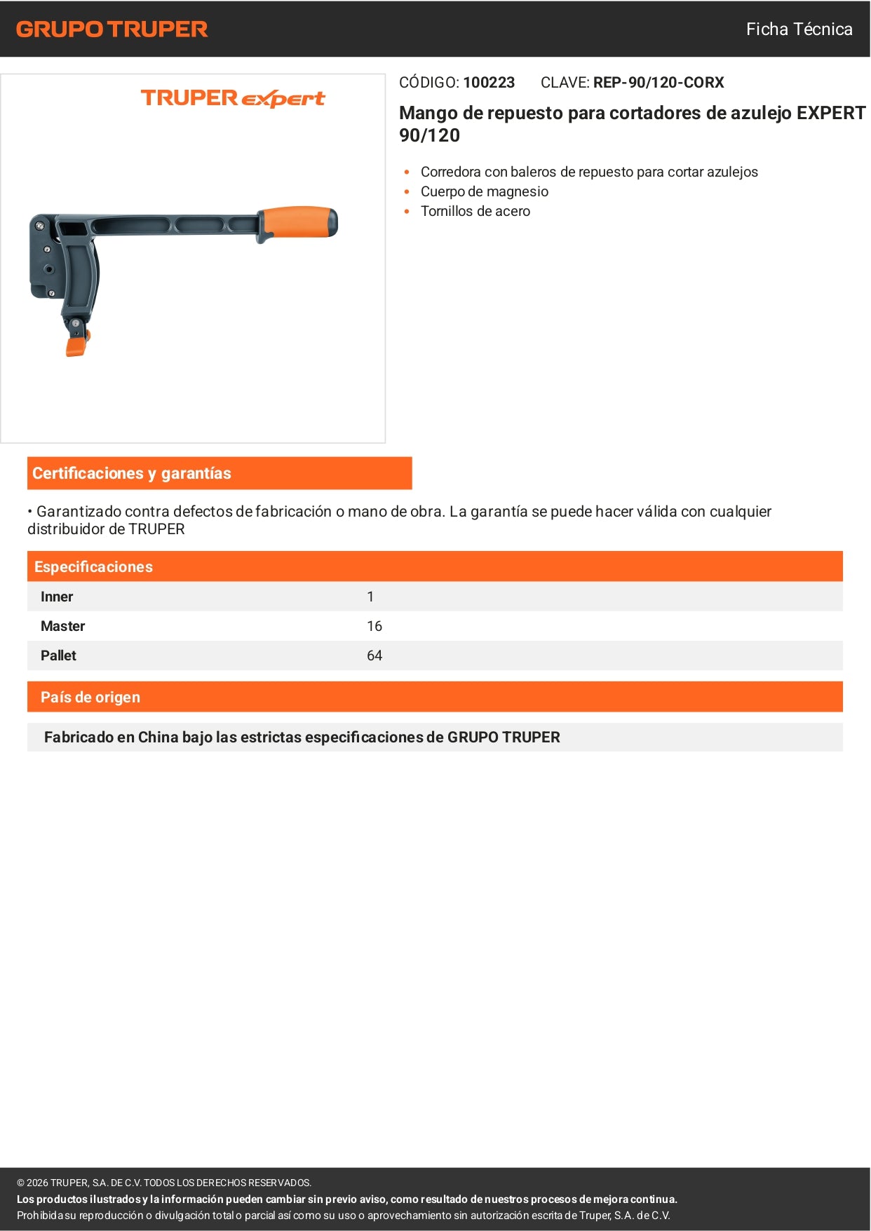 Mango Repuesto Cortador Azulejo EXPERT 90/120 TRUPER®
