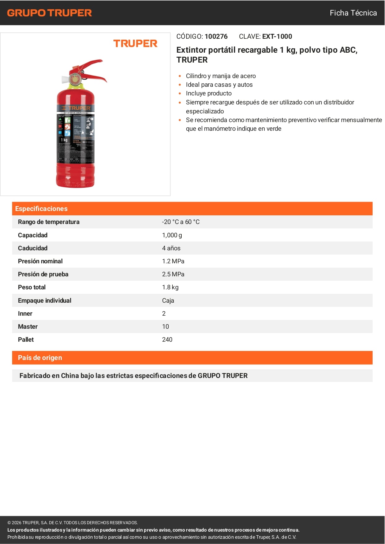 Extintor portátil recargable de 1 kg con polvo tipo ABC marca TRUPER. Ideal para uso doméstico e industrial.