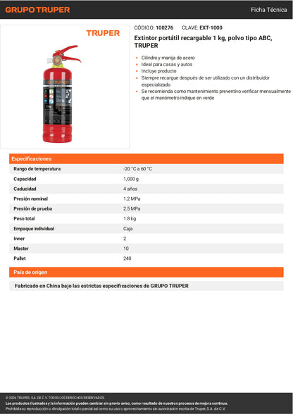 Extintor portátil recargable de 1 kg con polvo tipo ABC marca TRUPER. Ideal para uso doméstico e industrial.