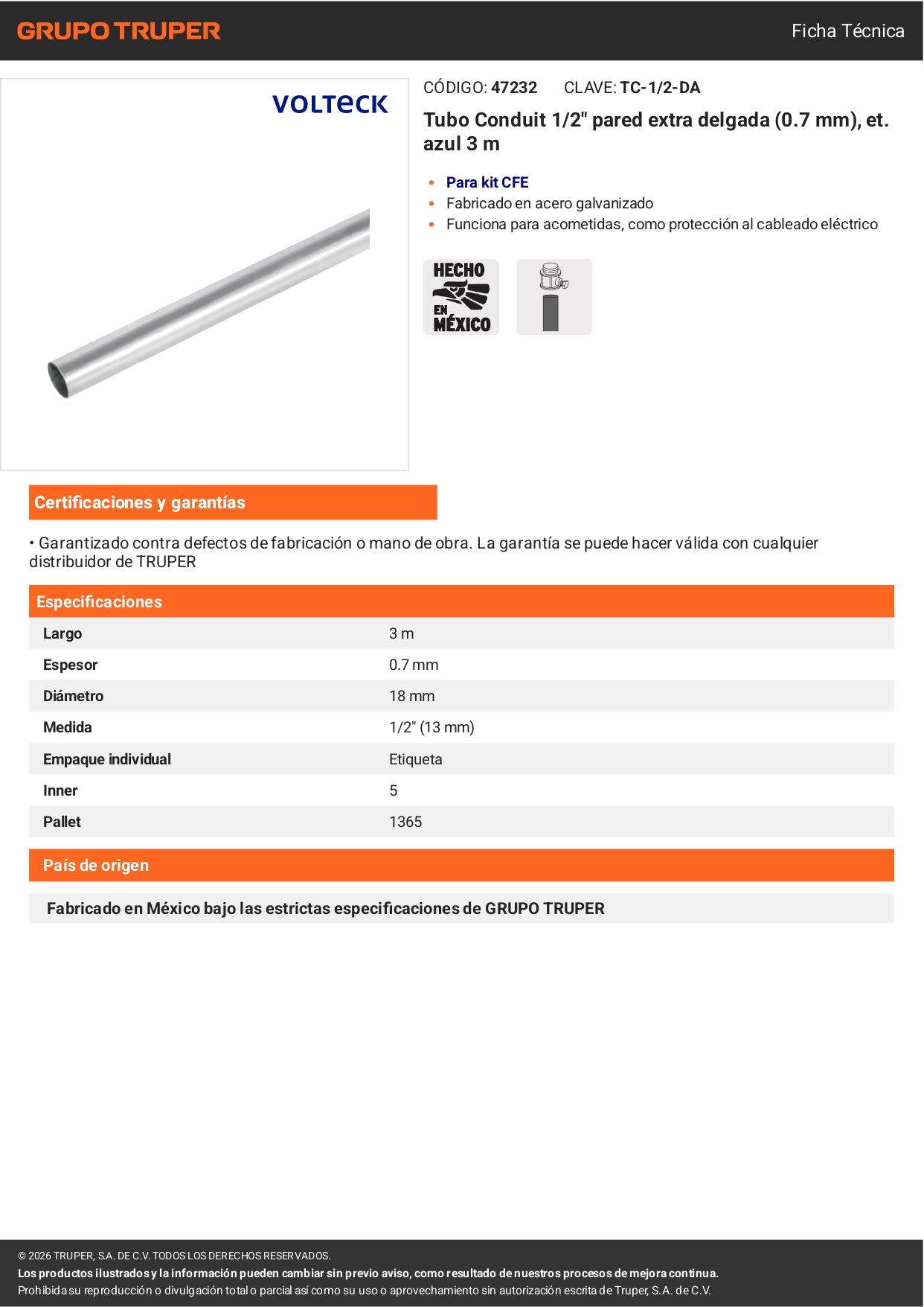 Tubo conduit eléctrico 1/2" pared extra delgada 0.7 mm, etiqueta azul, 3 metros. Ideal para instalaciones eléctricas residenciales y comerciales. Marca VOLTECK®.