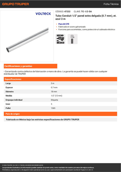 Tubo conduit eléctrico 1/2" pared extra delgada 0.7 mm, etiqueta azul, 3 metros. Ideal para instalaciones eléctricas residenciales y comerciales. Marca VOLTECK®.
