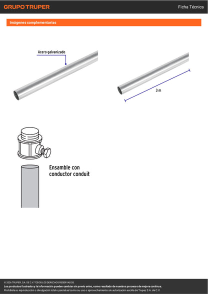 Tubo conduit eléctrico 1/2" pared extra delgada 0.7 mm, etiqueta azul, 3 metros. Ideal para instalaciones eléctricas residenciales y comerciales. Marca VOLTECK®.