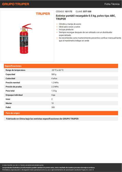 Extintor Portátil TRUPER 0.5 kg Polvo Tipo ABC Recargable