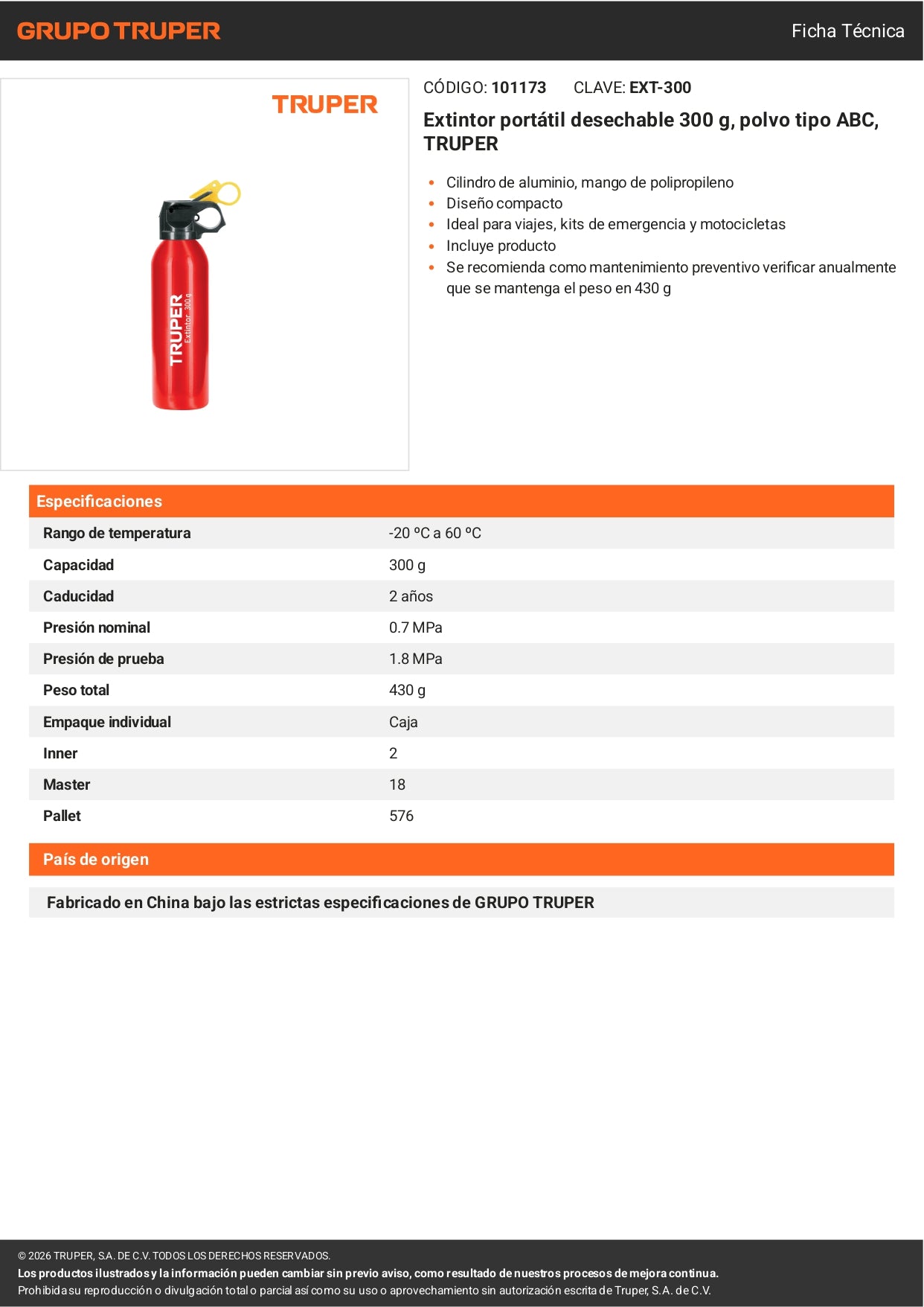 Extintor desechable TRUPER 300 g con polvo tipo ABC. Ideal para hogar, oficina y vehículos