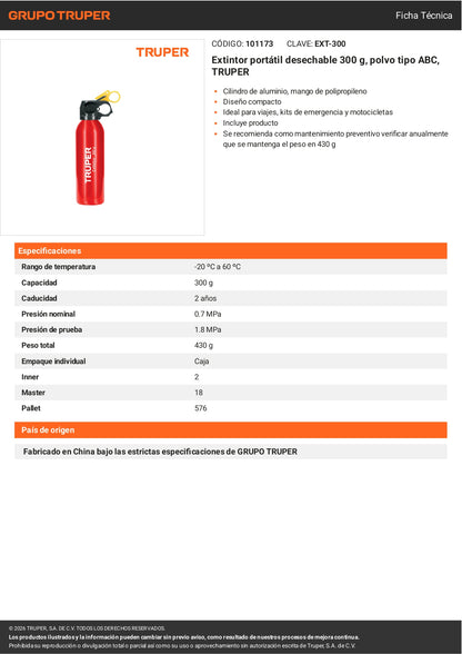 Extintor desechable TRUPER 300 g con polvo tipo ABC. Ideal para hogar, oficina y vehículos