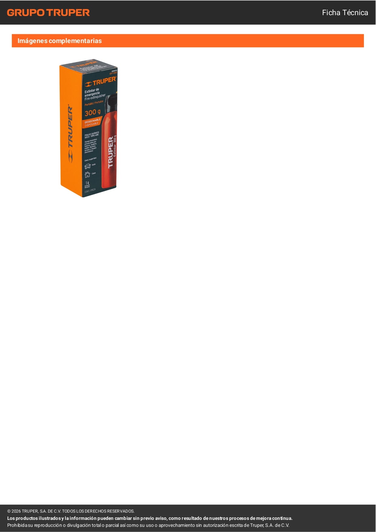 Extintor desechable TRUPER 300 g con polvo tipo ABC. Ideal para hogar, oficina y vehículos