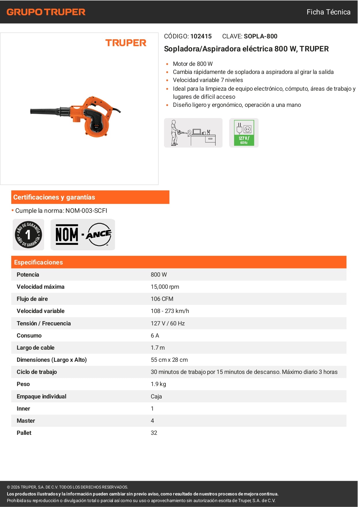 Sopladora Aspiradora Eléctrica 800W Truper – Jardín y Taller