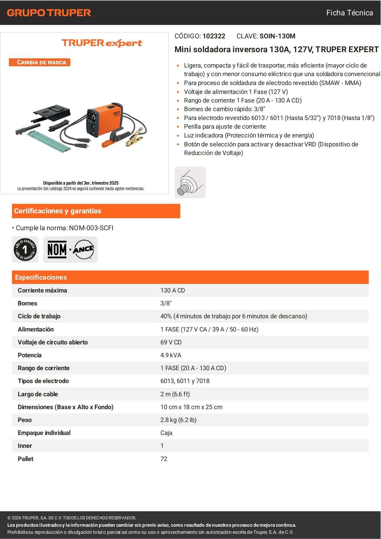 Mini soldadora inversora 130A, 127V, TRUPER EXPERT