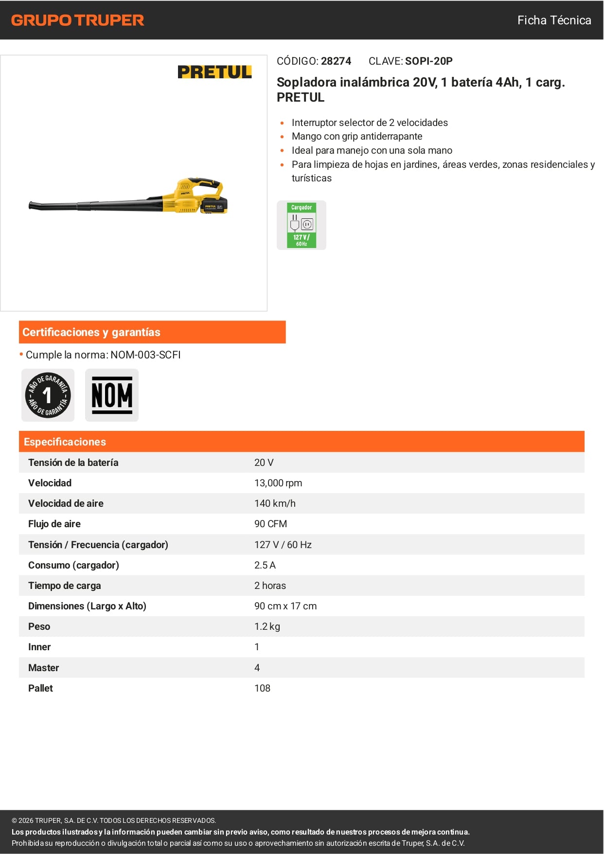 Sopladora Inalámbrica PRETUL 20V – Batería 4Ah Incluida