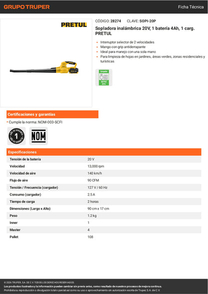 Sopladora Inalámbrica PRETUL 20V – Batería 4Ah Incluida