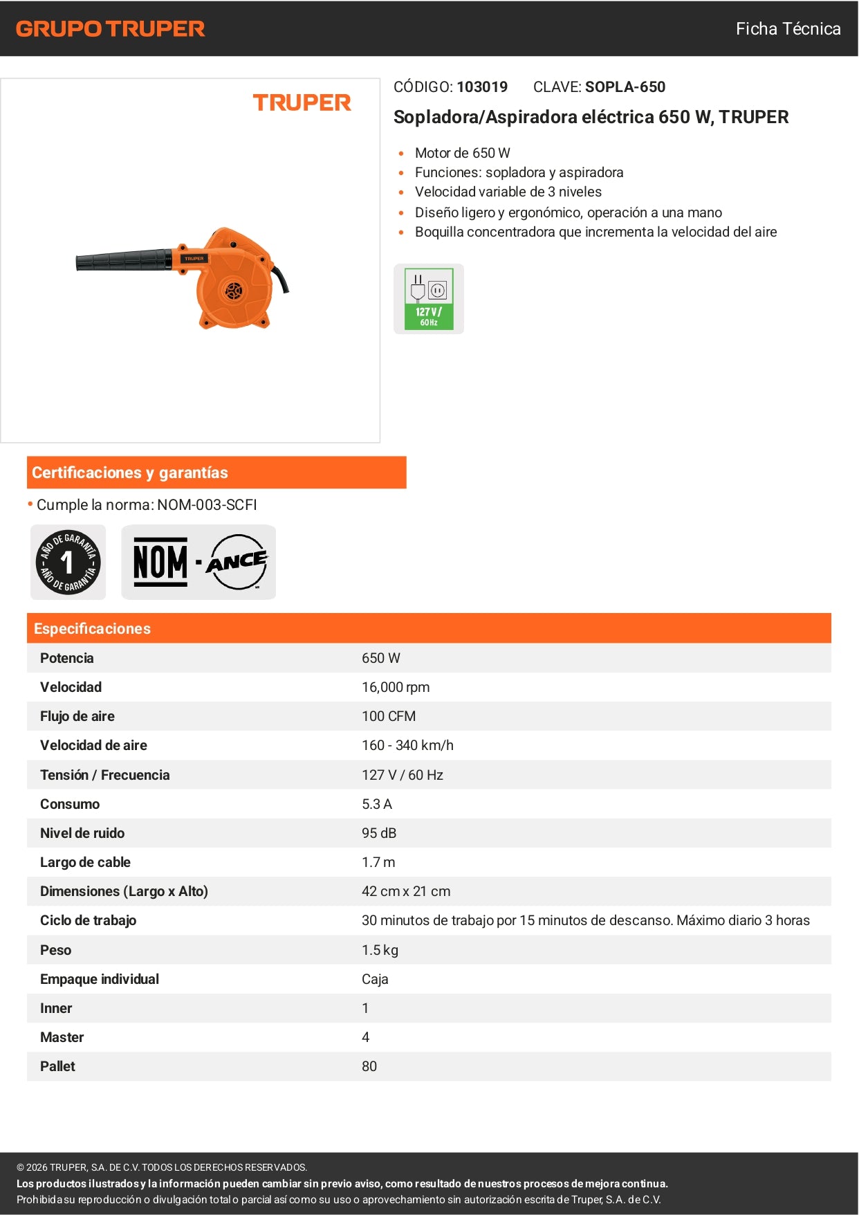 Sopladora y aspiradora eléctrica Truper 650W, ideal para taller y jardín. Potente, versátil y fácil de usar.