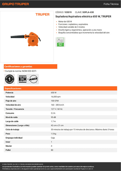Sopladora y aspiradora eléctrica Truper 650W, ideal para taller y jardín. Potente, versátil y fácil de usar.