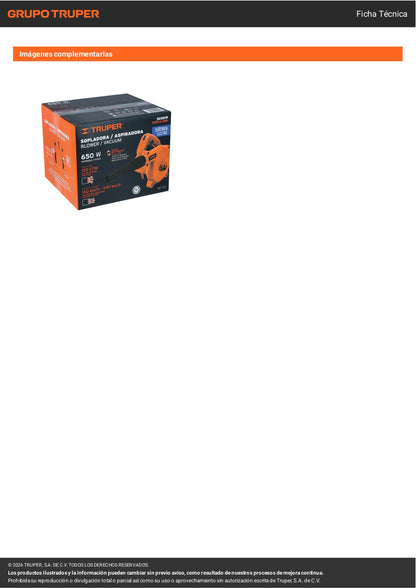 Sopladora y aspiradora eléctrica Truper 650W, ideal para taller y jardín. Potente, versátil y fácil de usar.
