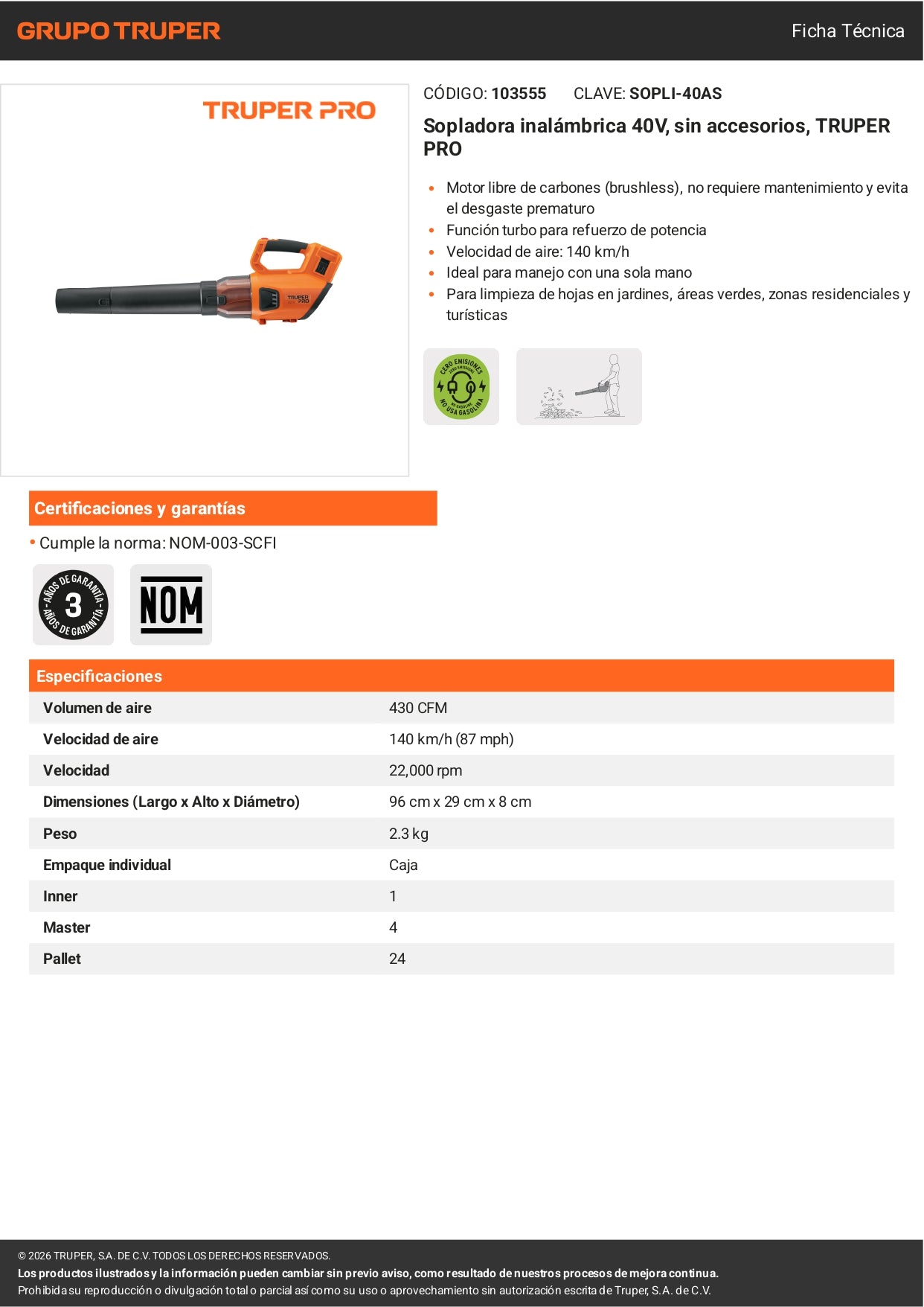 Sopladora Inalámbrica 40V TRUPER PRO – Sin Cable, Sin Accesorios