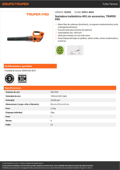 Sopladora Inalámbrica 40V TRUPER PRO – Sin Cable, Sin Accesorios