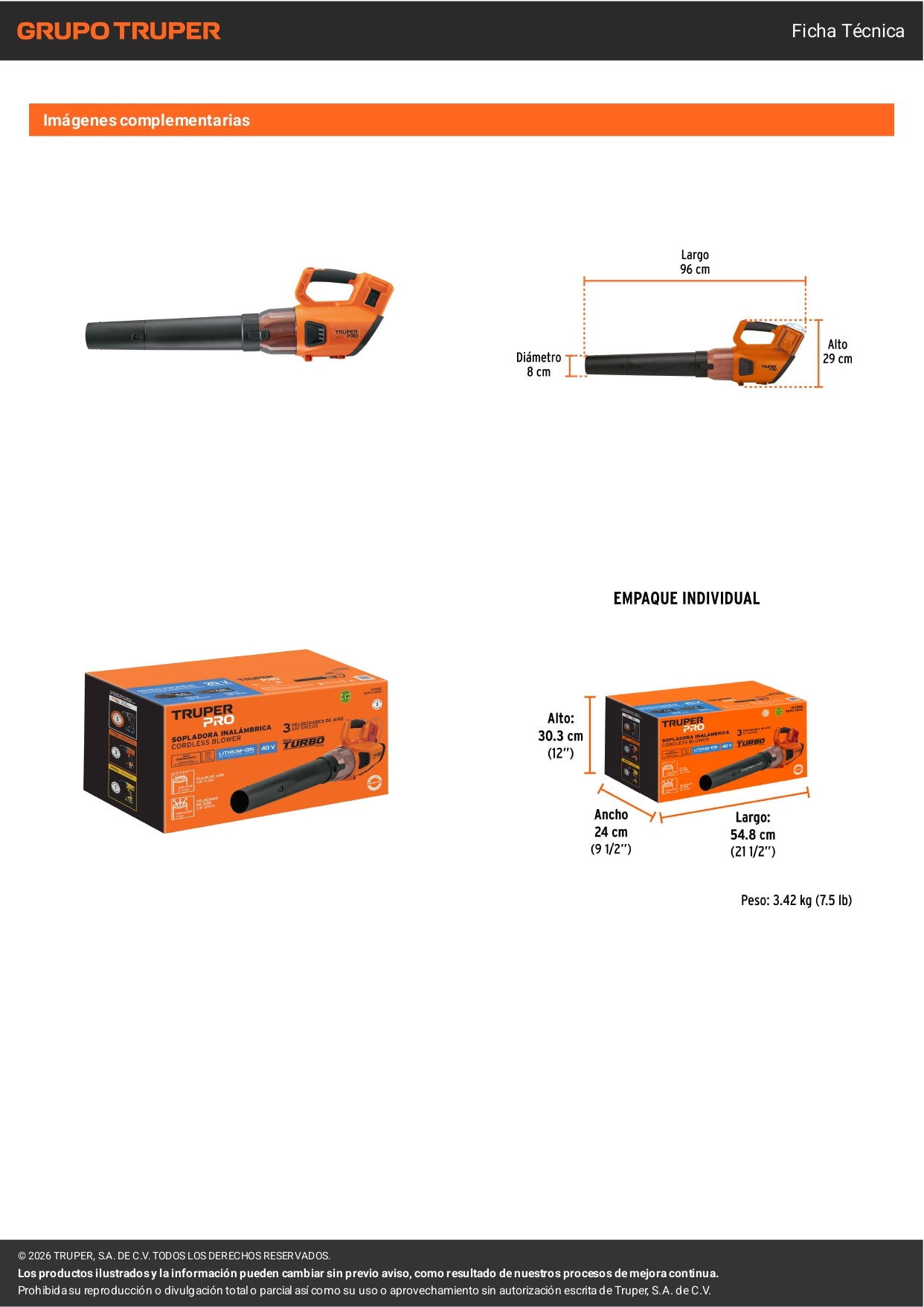 Sopladora Inalámbrica 40V TRUPER PRO – Sin Cable, Sin Accesorios