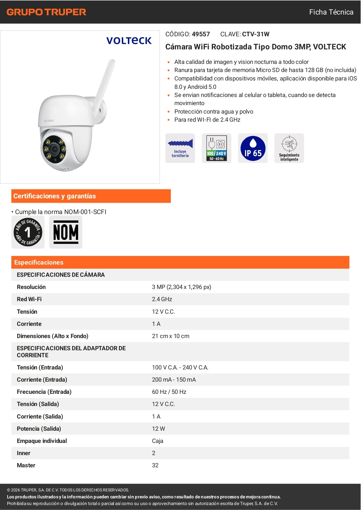 Cámara de seguridad WiFi robotizada tipo domo 3MP VOLTECK. Monitoreo inteligente para tu hogar o negocio