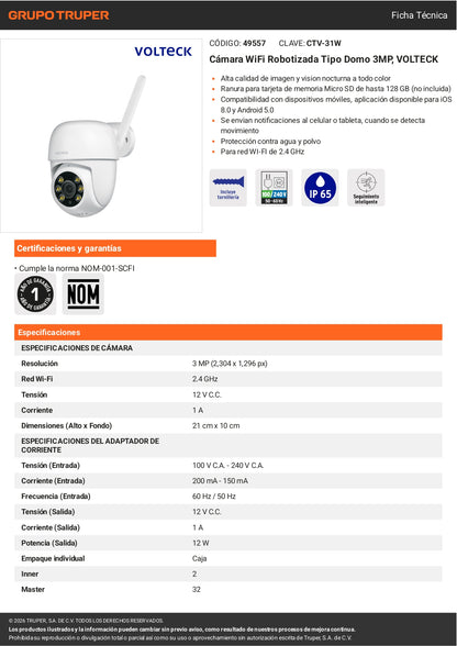Cámara de seguridad WiFi robotizada tipo domo 3MP VOLTECK. Monitoreo inteligente para tu hogar o negocio