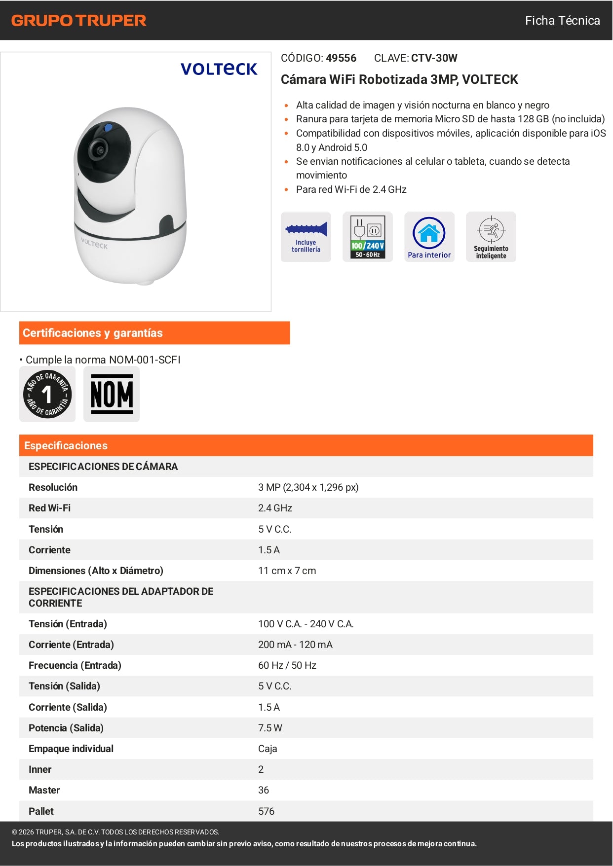 Cámara WiFi Inalámbrica 3MP VOLTECK – Motorizada 360°, Visión Nocturna