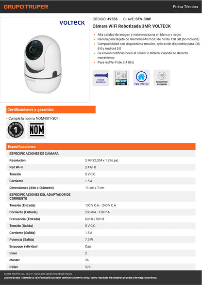 Cámara WiFi Inalámbrica 3MP VOLTECK – Motorizada 360°, Visión Nocturna