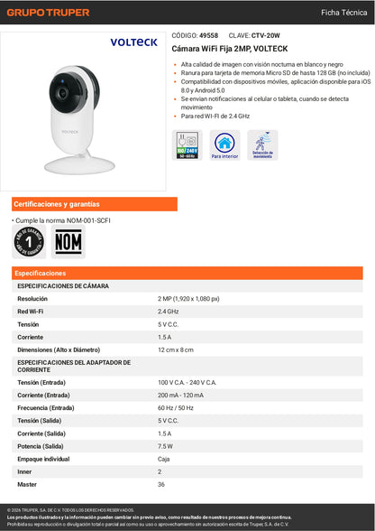Cámara WiFi Fija 2MP VOLTECK | Cable y Posicionamiento Fijo