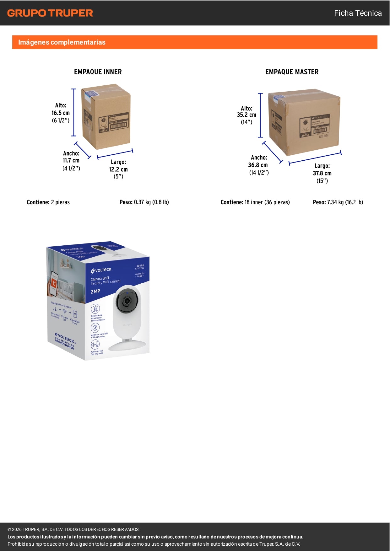 Cámara WiFi Fija 2MP VOLTECK | Cable y Posicionamiento Fijo
