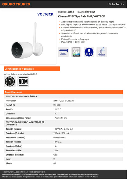 Cámara de Seguridad WiFi Tipo Bala 2MP Exterior