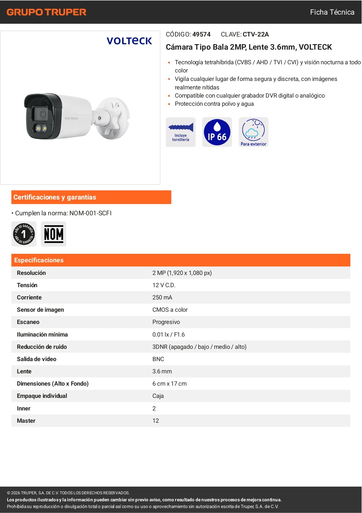 Cámara de seguridad tipo bala VOLTECK 2MP con lente 3.6mm. Ideal para vigilancia exterior e interior.