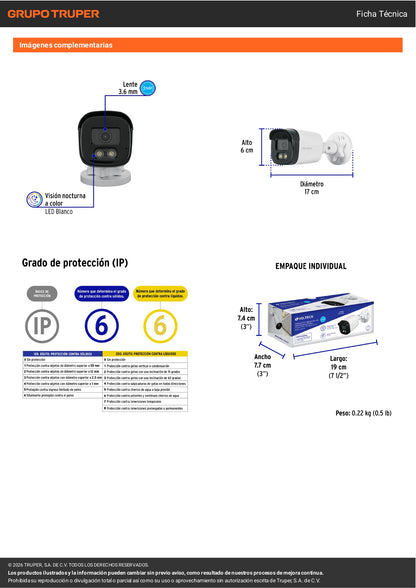 Cámara de seguridad tipo bala VOLTECK 2MP con lente 3.6mm. Ideal para vigilancia exterior e interior.