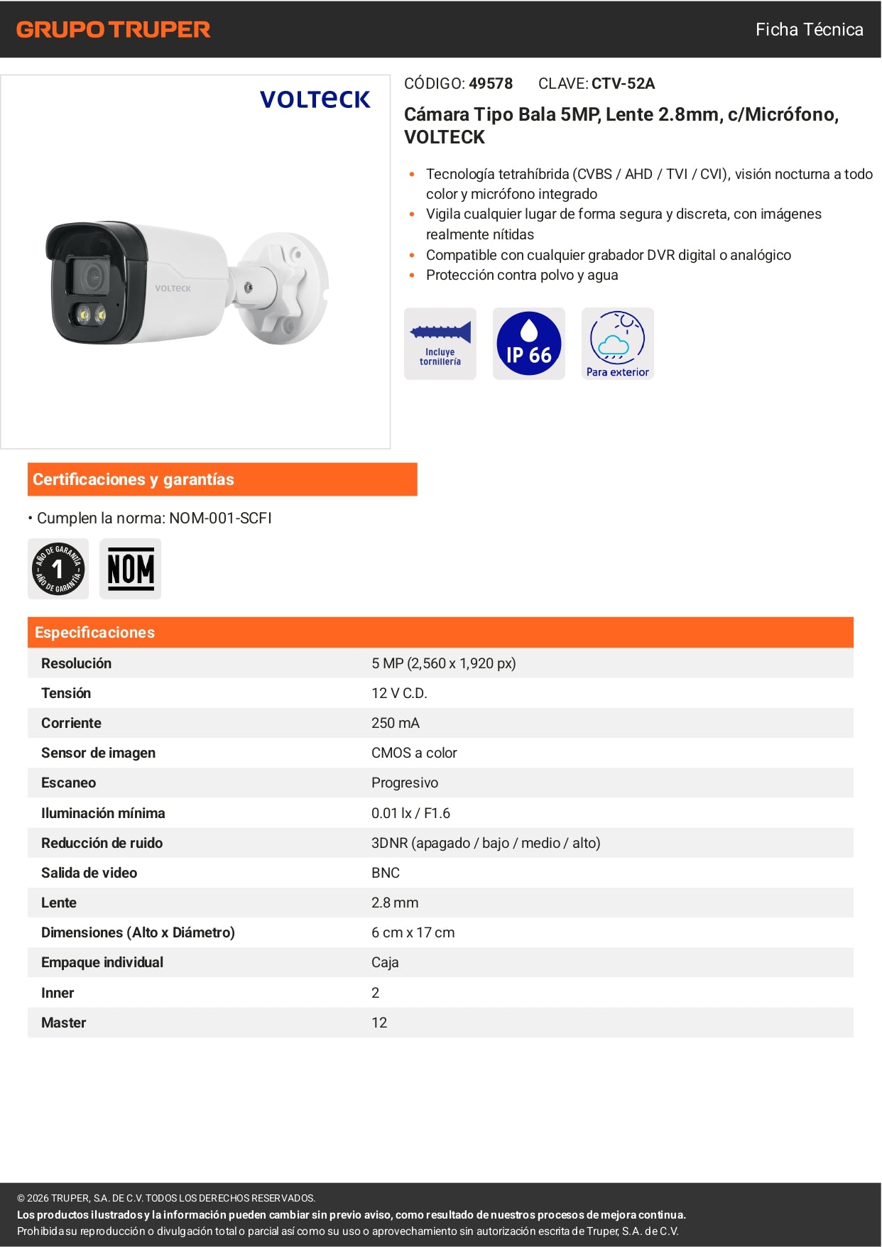 Cámara tipo bala VOLTECK 5MP, lente 2.8mm, micrófono integrado, posicionamiento ajustable. Ideal para vigilancia exterior e interior.