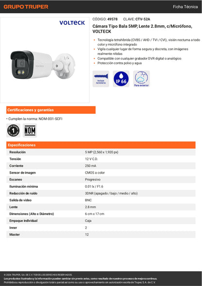 Cámara tipo bala VOLTECK 5MP, lente 2.8mm, micrófono integrado, posicionamiento ajustable. Ideal para vigilancia exterior e interior.