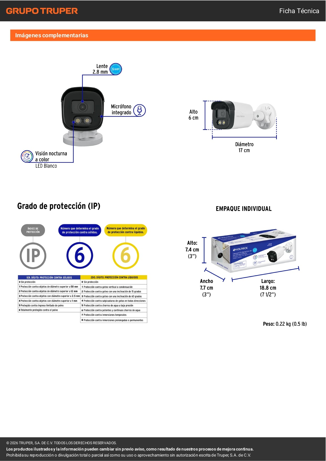 Cámara tipo bala VOLTECK 5MP, lente 2.8mm, micrófono integrado, posicionamiento ajustable. Ideal para vigilancia exterior e interior.