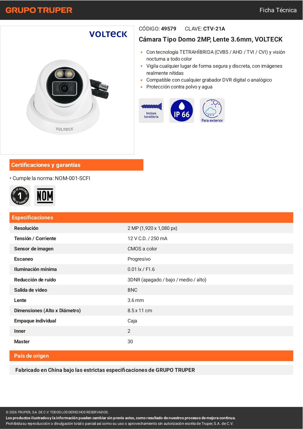 Cámara tipo domo 2MP VOLTECK con lente 3.6mm. Posicionamiento flexible