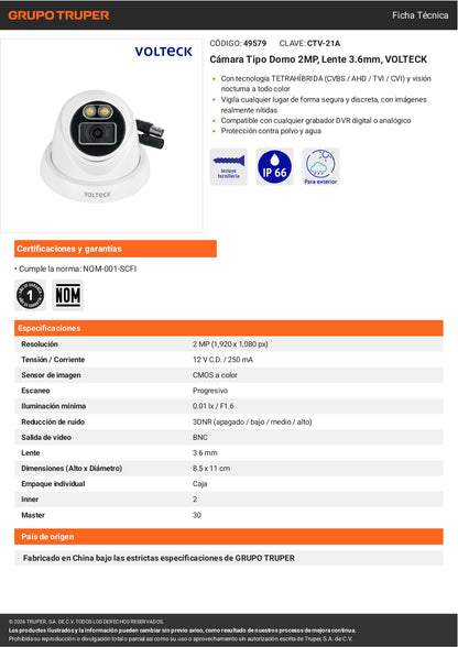 Cámara tipo domo 2MP VOLTECK con lente 3.6mm. Posicionamiento flexible