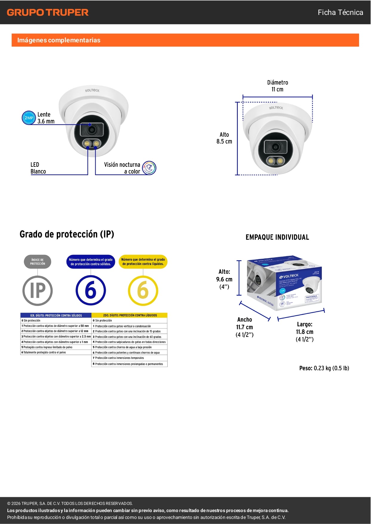 Cámara tipo domo 2MP VOLTECK con lente 3.6mm. Posicionamiento flexible