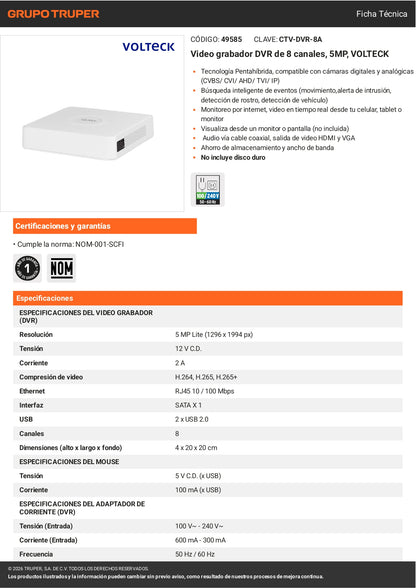 DVR VOLTECK 8 canales 5MP para posicionamiento total de cámaras. Grabación por cable estable, imagen HD y monitoreo 24/7. Ideal para